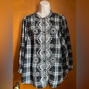 Anthropologie Pilcro Bella Femme Embroidered Plaid Button Down Shirt